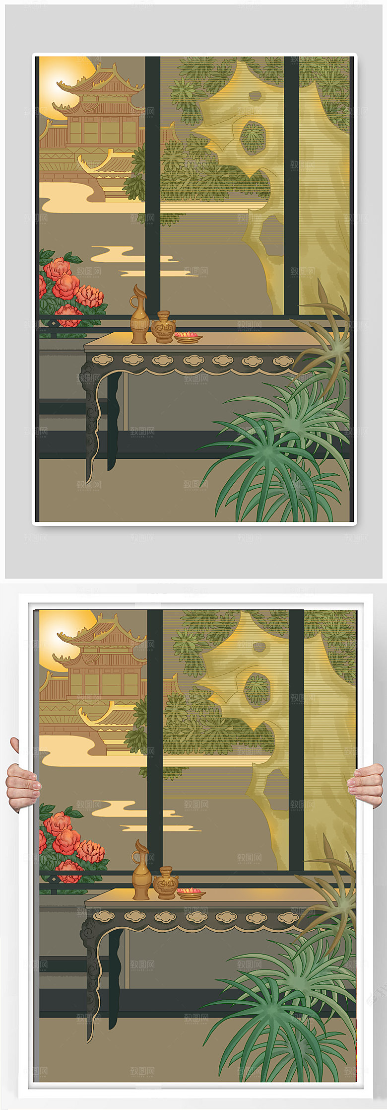 古风室内建筑插画背景元素