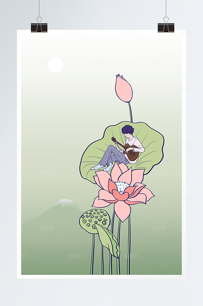 极简荷花和小男孩弹琴插画素材