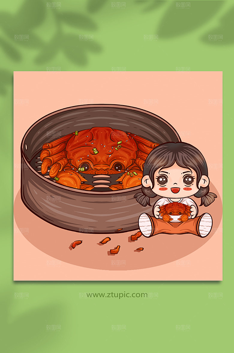 扁平秋季大闸蟹美食人物插画设计