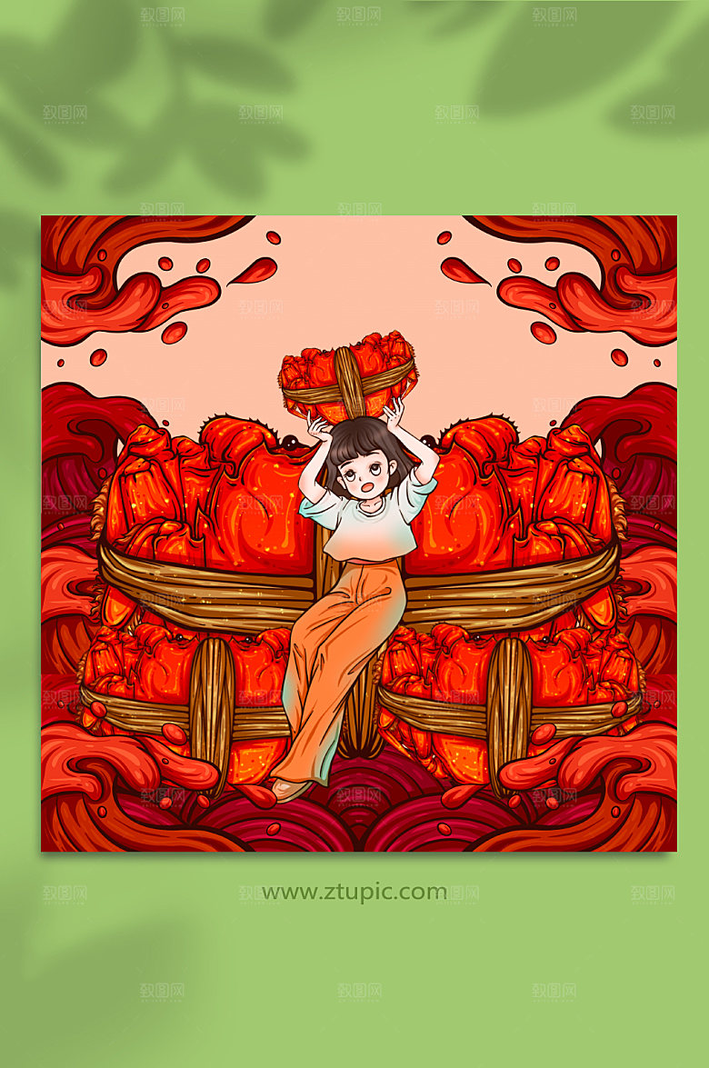 扁平秋季大闸蟹美食人物插画设计