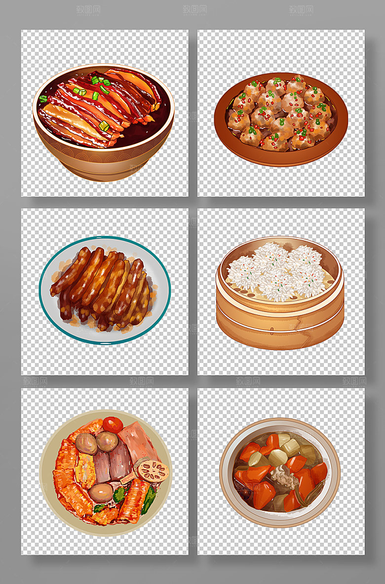 卡通扣肉腊肠秋季美食插画素材