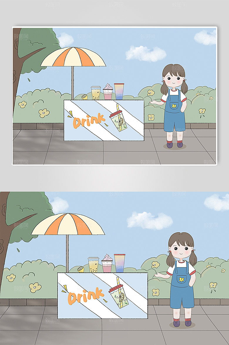 卡通女孩卖饮料奶茶摆摊插画素材