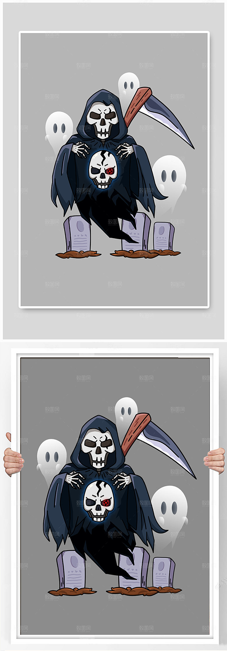 卡通捧骨头骷髅人死神插画素材