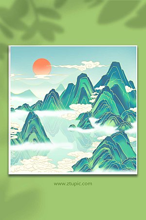 中式青绿山水插画素材