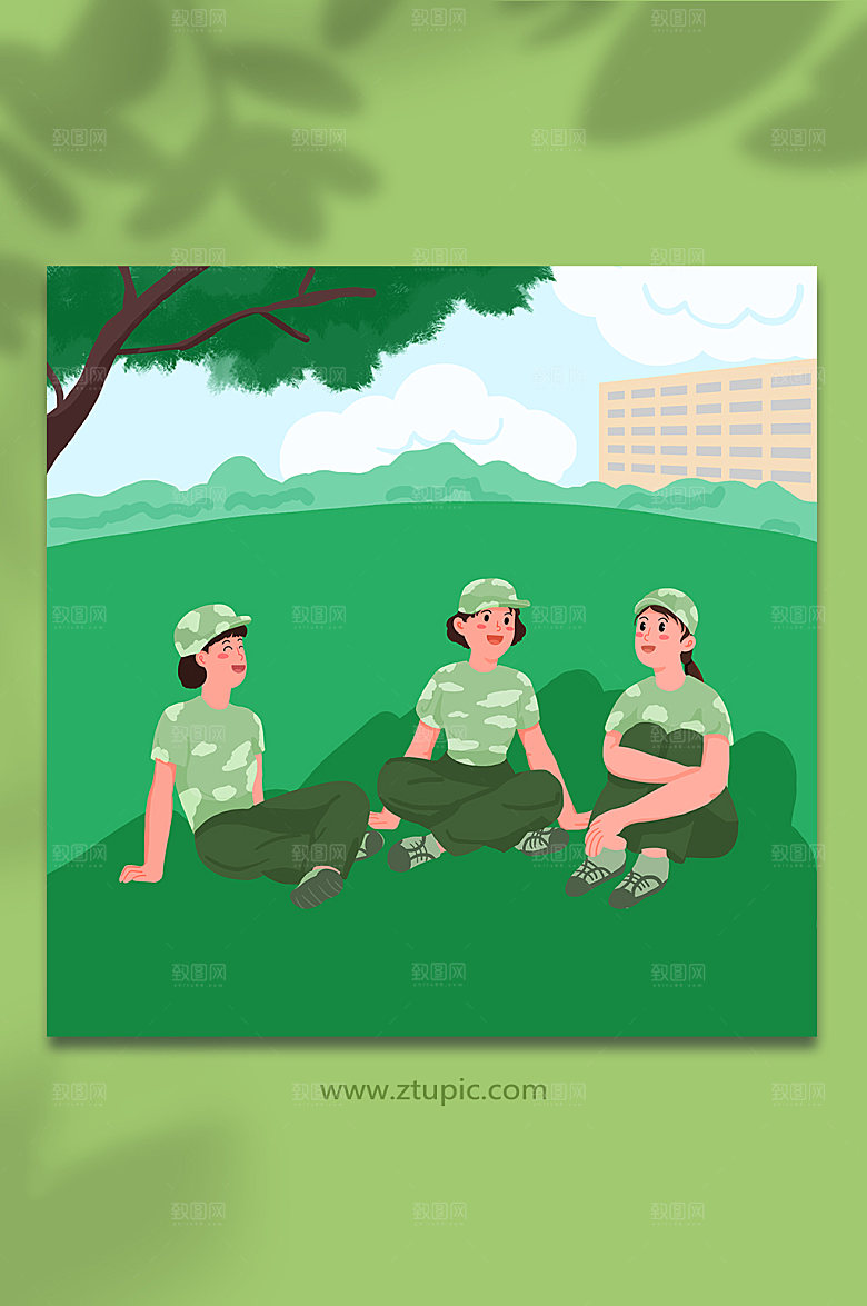 卡通女孩新生军训人物插画素材