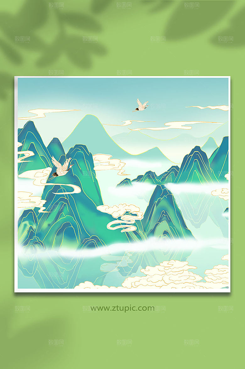 扁平仙鹤水墨风青绿插画素材