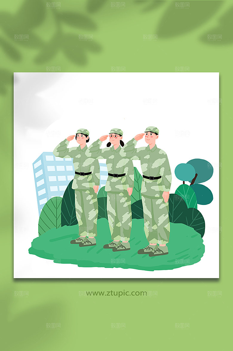 卡通敬礼新生军训人物插画素材