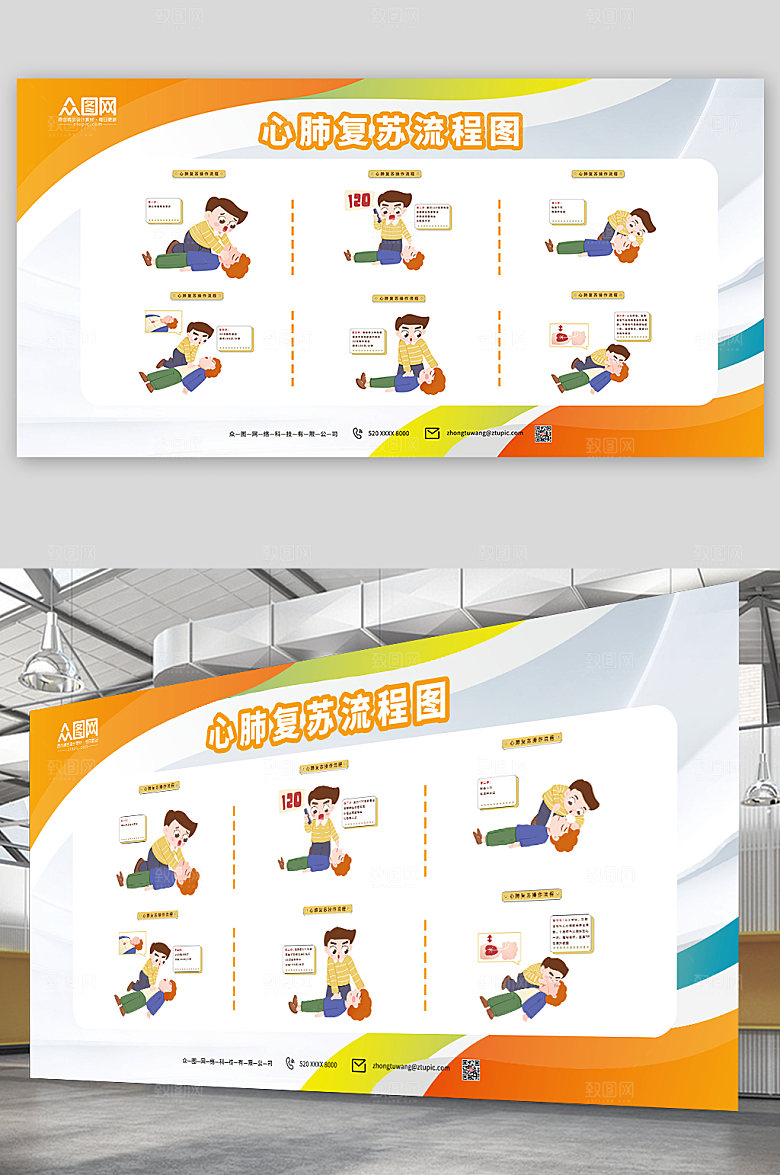 极简心肺复苏流程图展板模板