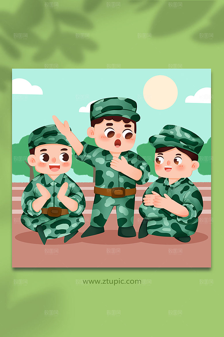手绘唱军歌新生军训插画素材