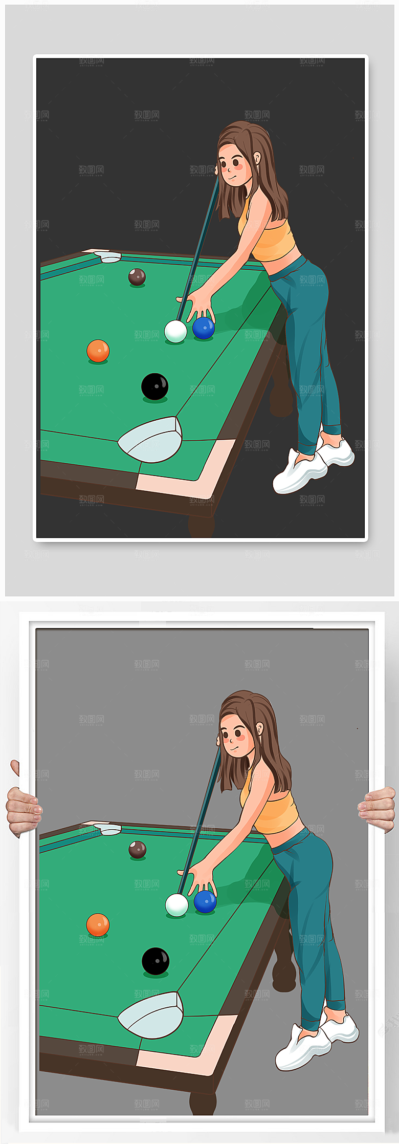 扁平女孩比赛球台球插画设计
