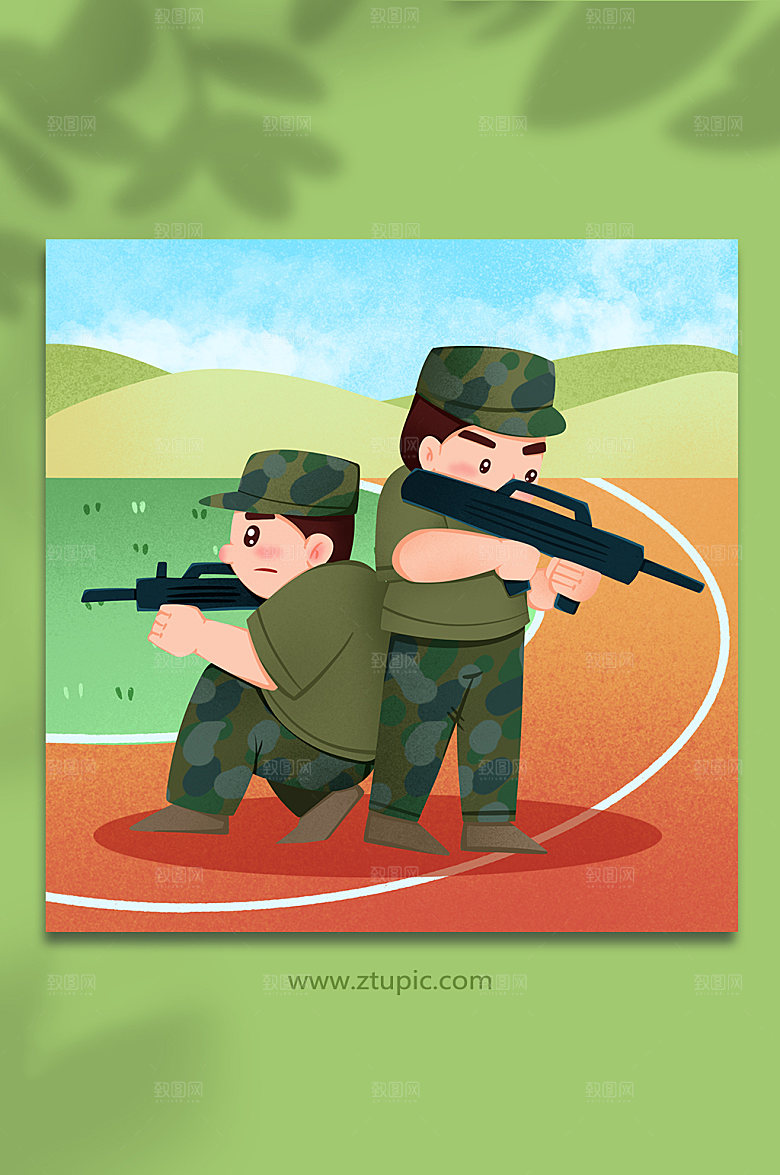 卡通射击新生军训人物插画设计