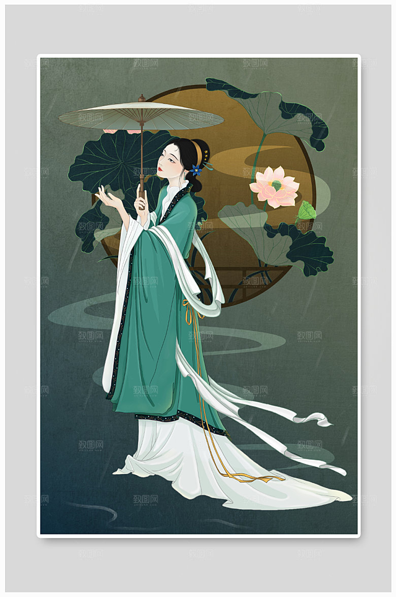 扁平美女古代诗人人物插画素材