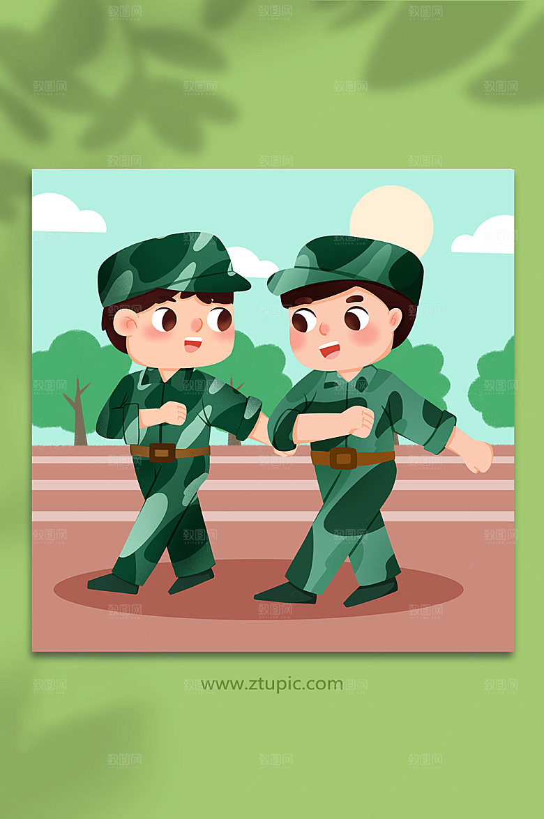 手绘齐步走新生军训插画设计