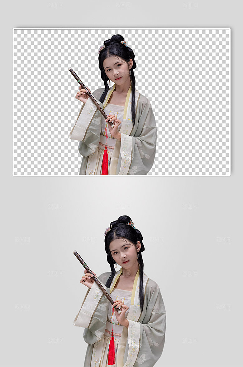 汉服女性拿笛子免抠png国风摄影图