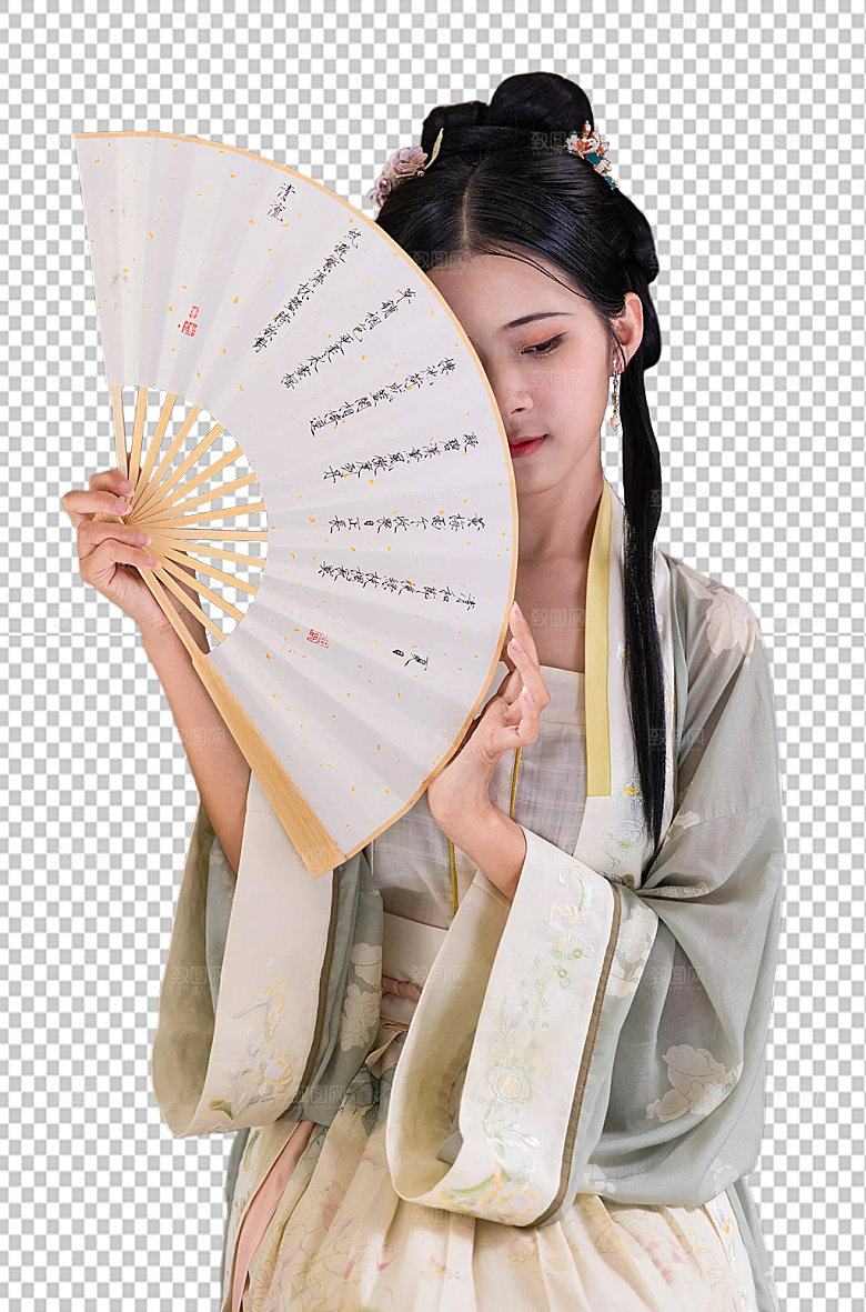 汉服人物拿扇子免抠png国风摄影图