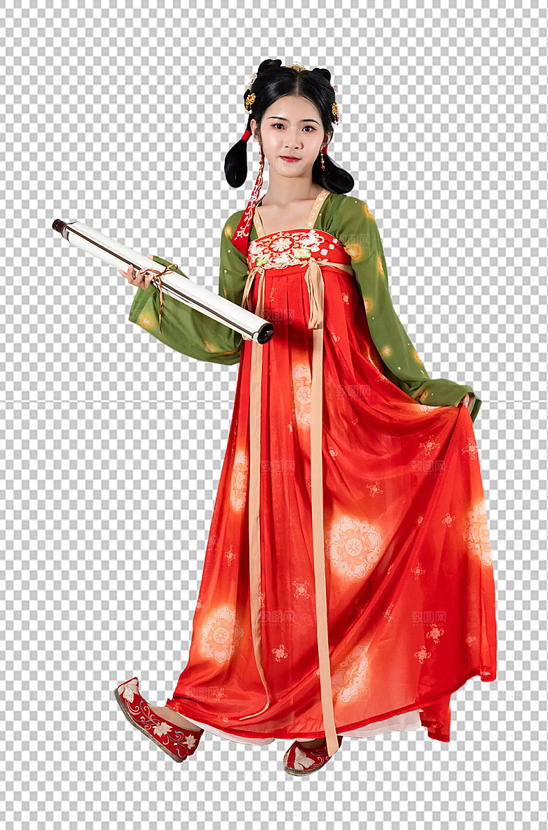 俏皮汉服卷轴人物png国风摄影图