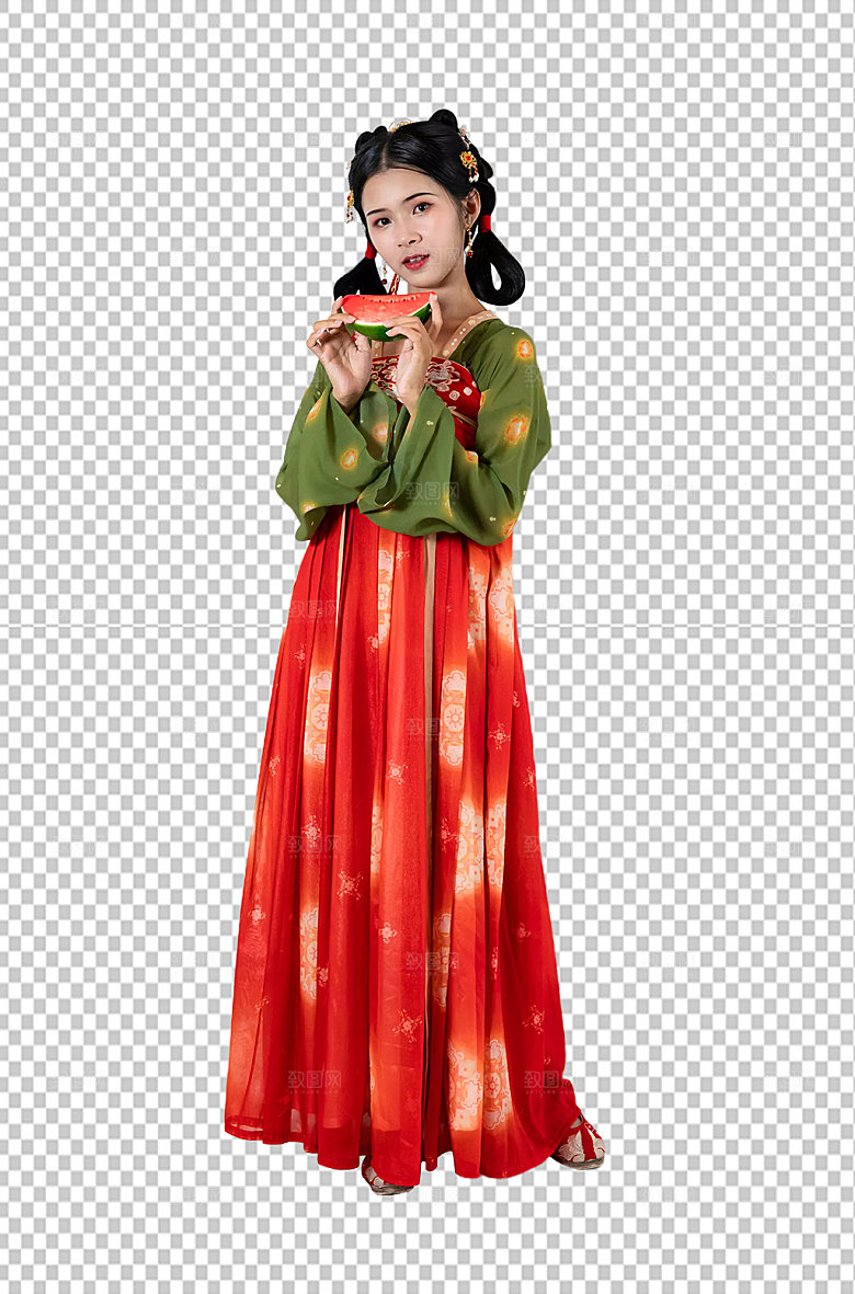 汉服少女吃西瓜png精修摄影图