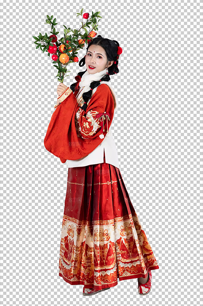 时尚红色汉服少女PNG国风摄影图