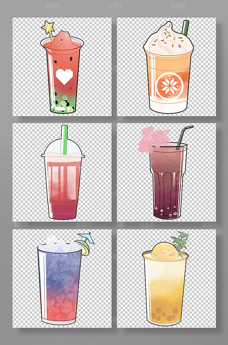 卡通简约奶茶果茶PNG元素插画