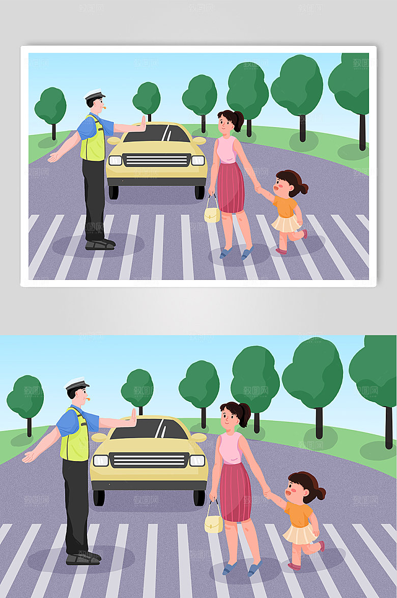 手绘卡通交警人物交通公益插画