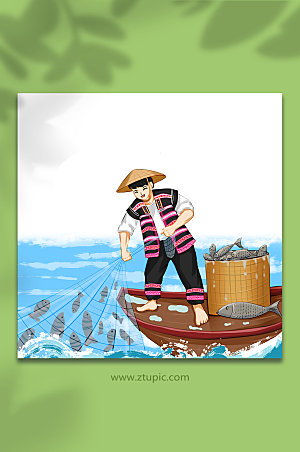 手绘卡通珞巴族捕鱼少年商业插画