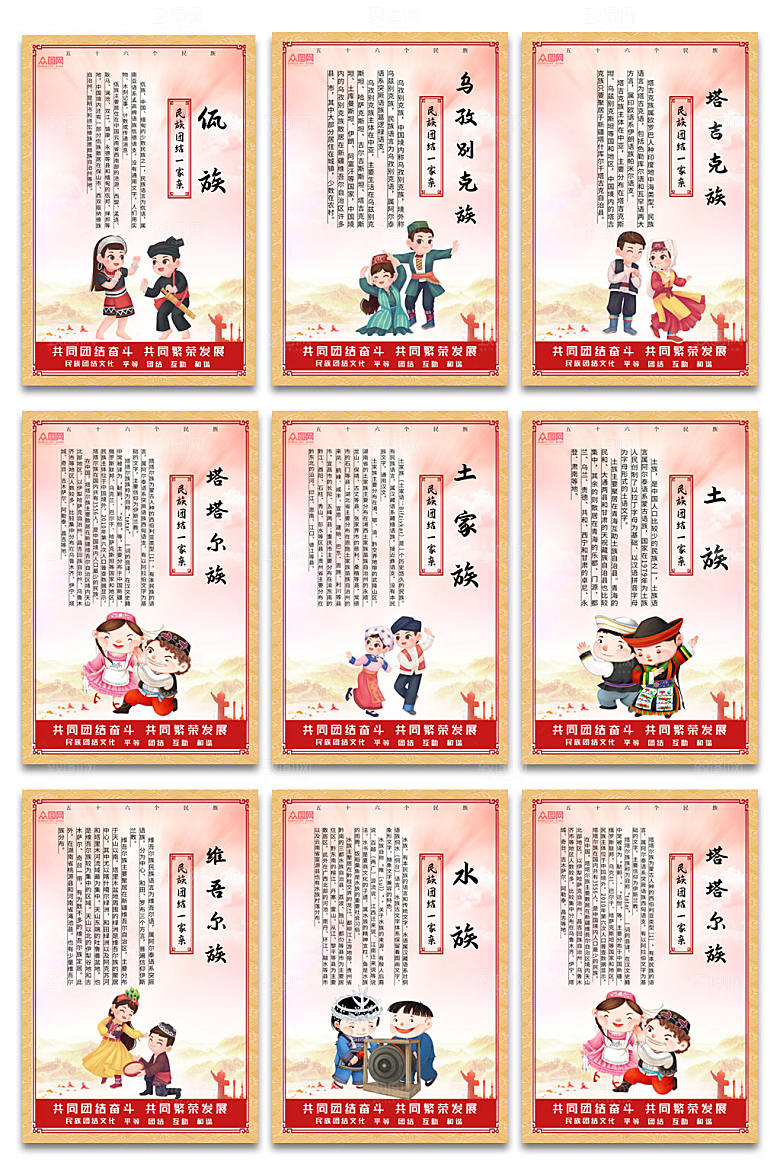 卡通简约56个民族介绍海报挂画