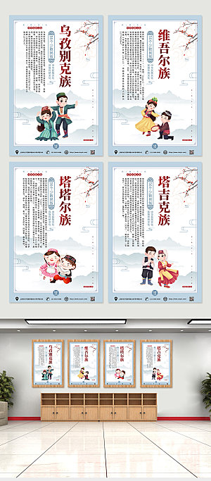 中式卡通少数民族介绍商业海报