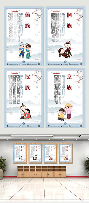 创意卡通中国风56个民族介绍海报