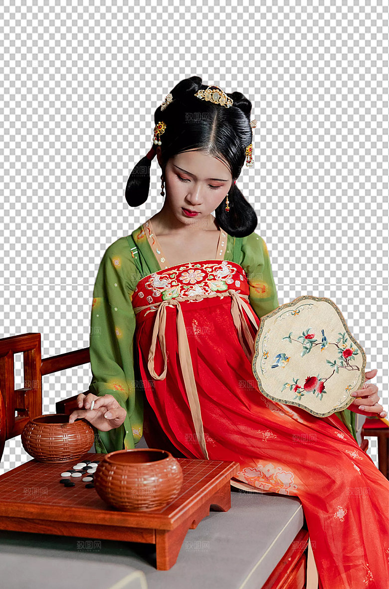 国潮汉服女性下棋免抠png摄影图