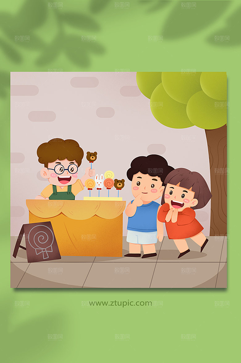 卡通糖果铺地摊摆摊人物商业插画