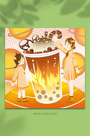 创意手绘秋季奶茶果茶人物商业插画