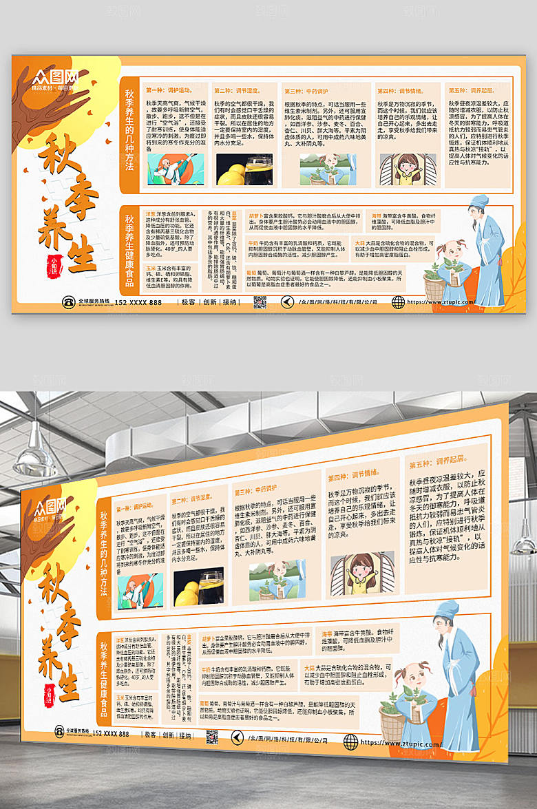 卡通中医插画秋季养生小知识展板