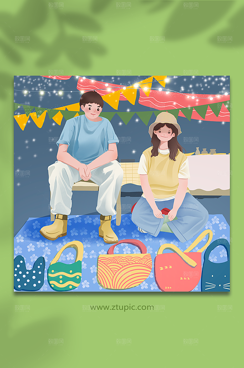 卡通扁平化夜市摆摊地摊人物插画