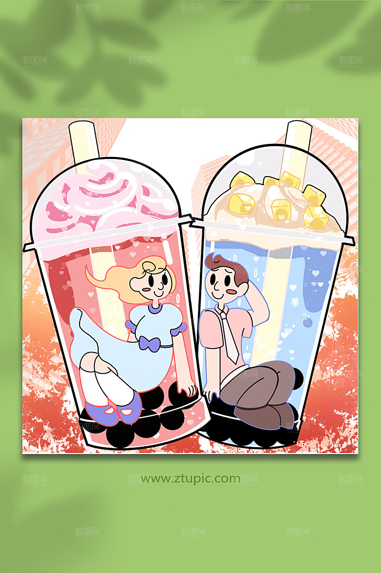 原创手绘秋季奶茶果茶人物商业插画