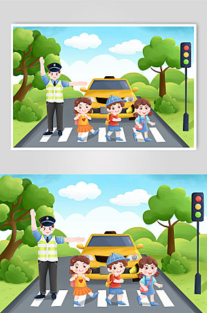 小学生过马路交警人物交通商业插画
