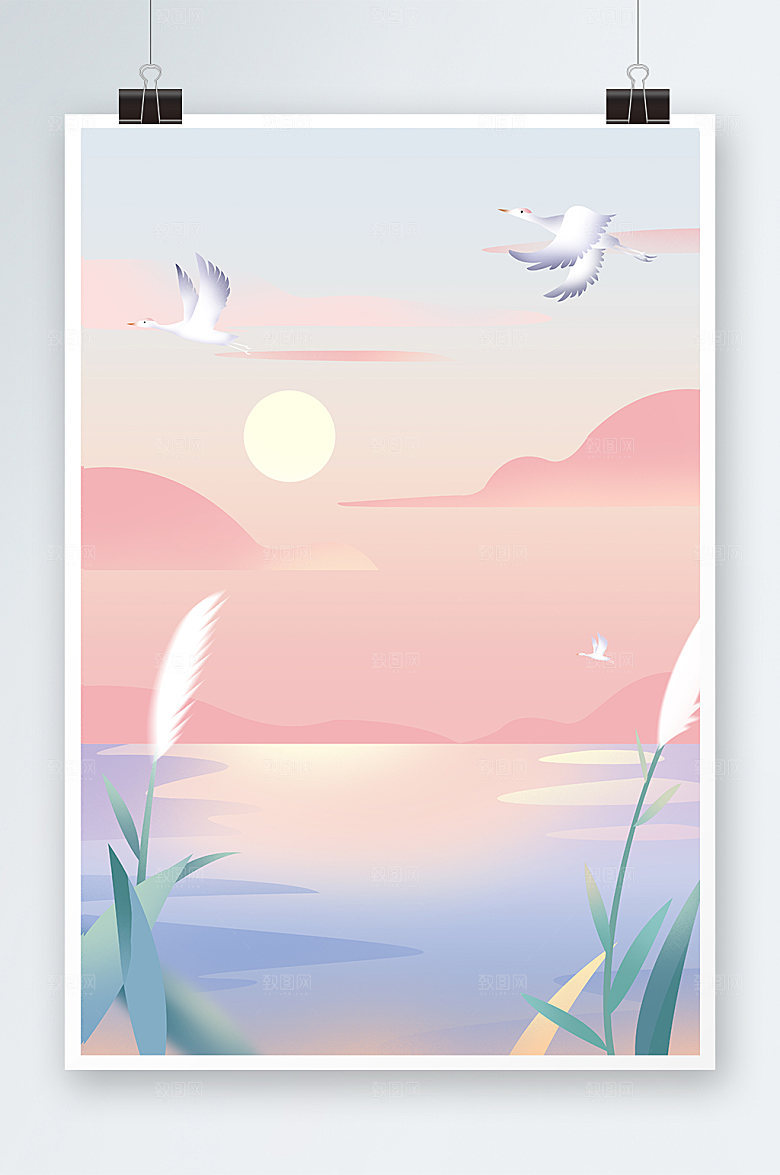小清新白露秋季晚霞白鹭背景插画