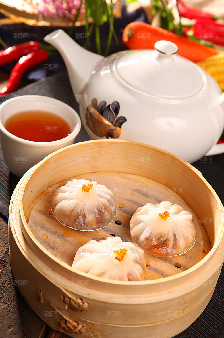 可口早茶小笼包美食菜品摄影图片