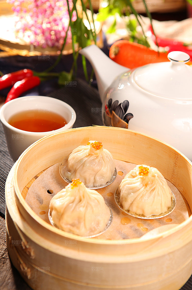 美味蟹粉小笼包美食菜品摄影图片