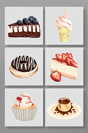 手绘风蛋糕雪糕甜食零食元素插画