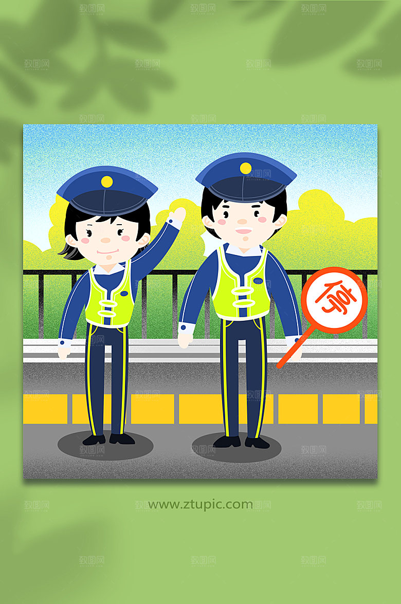 卡通交警过马路人物交通主题插画