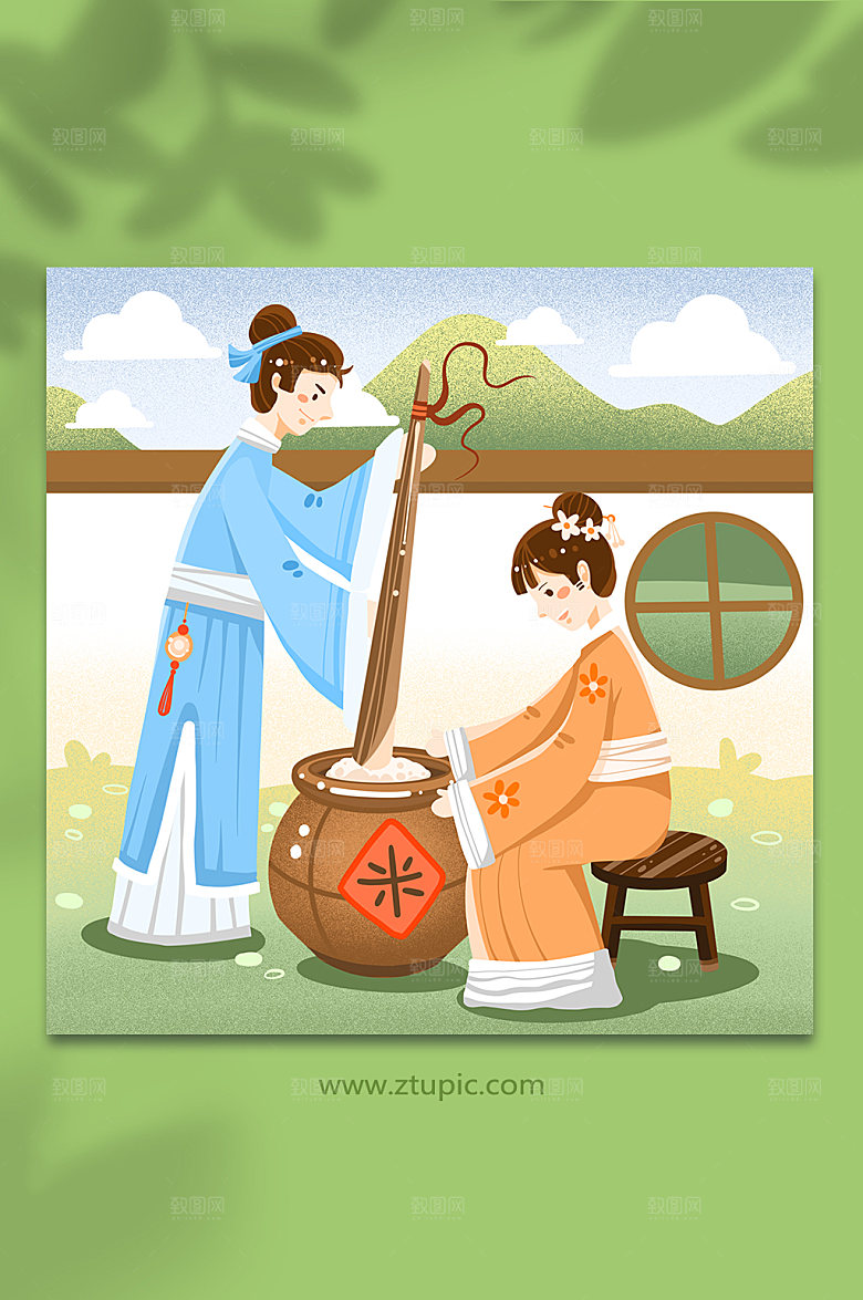 年糕古代传统美食手工艺人物插画