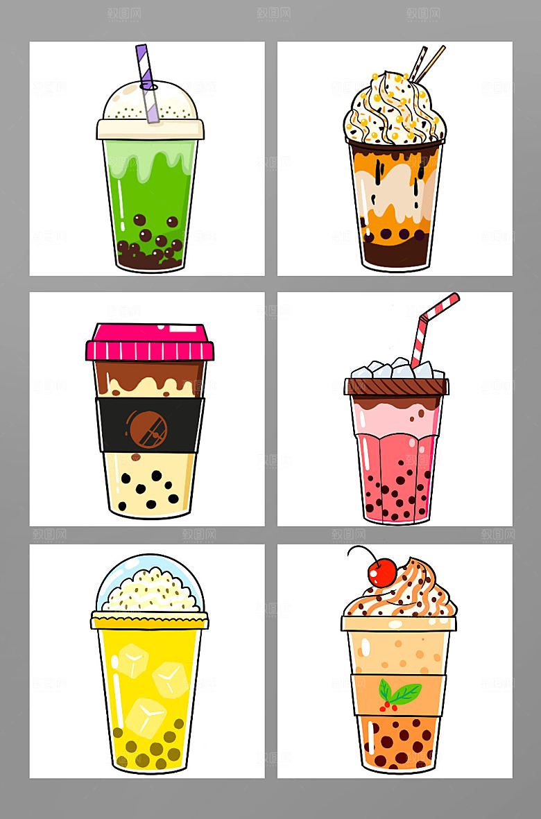 卡通奶茶果茶元素精美商业插画