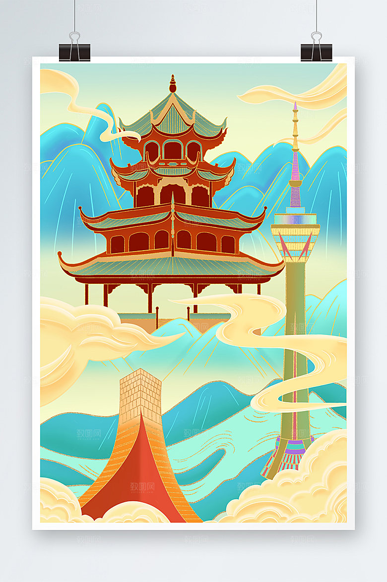 时尚国潮风成都城市地标建筑插画
