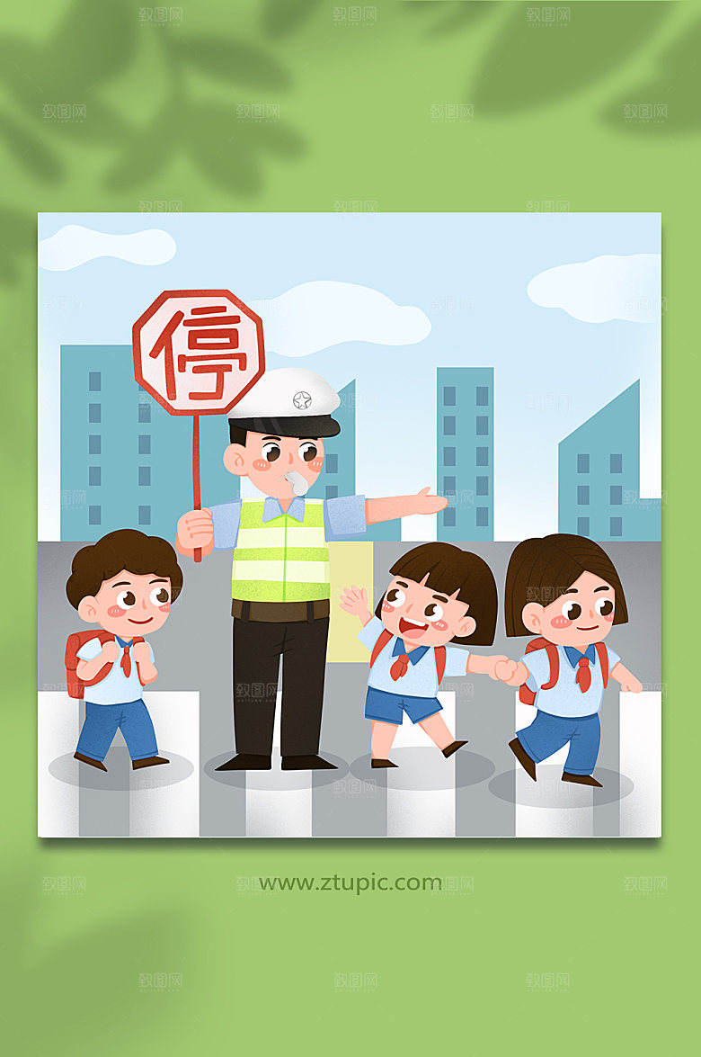 交警人物护送学生过马路交通插画