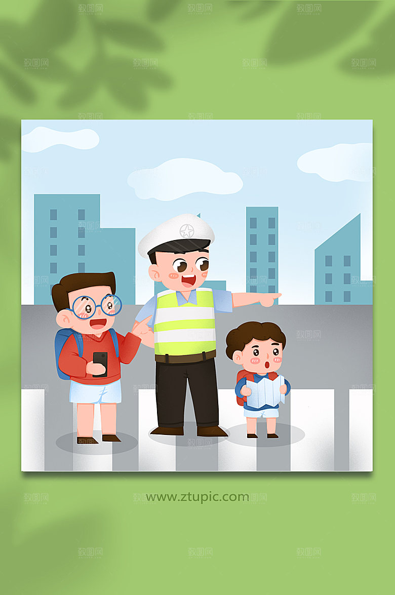 问路指路交警人物交通公益插画