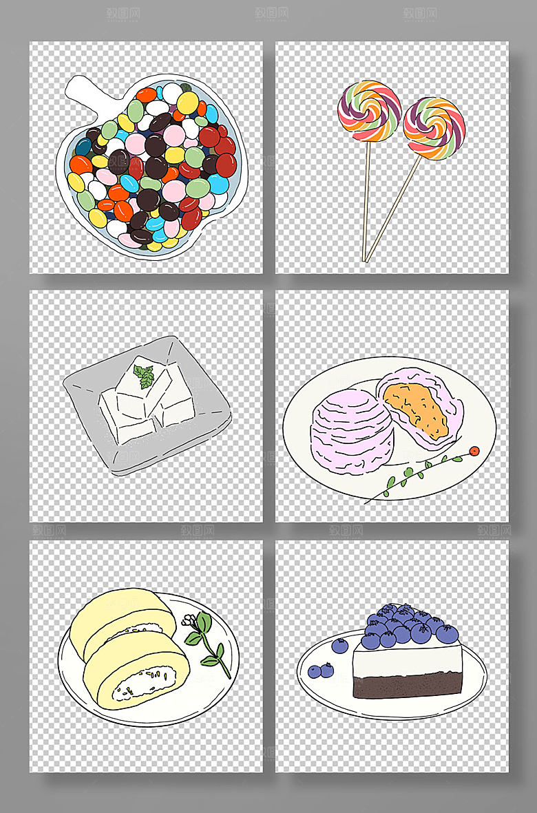 极简扁平化手绘甜食零食元素插画