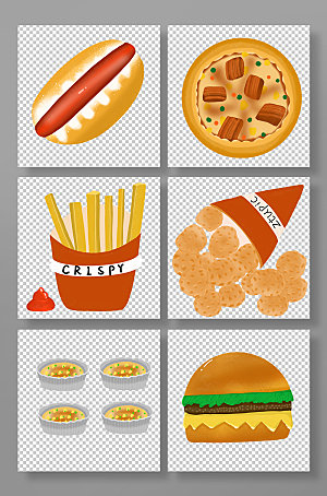 简约薯条披萨汉堡快餐美食元素插画