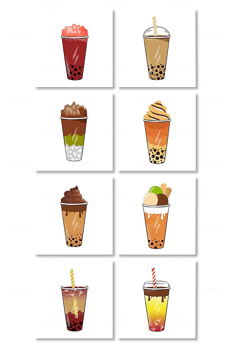卡通手绘奶茶果茶元素商业插画