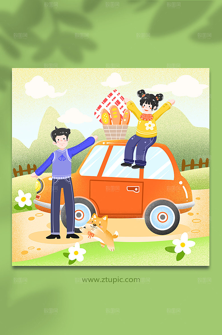 秋游开车旅游旅行人物商业插画