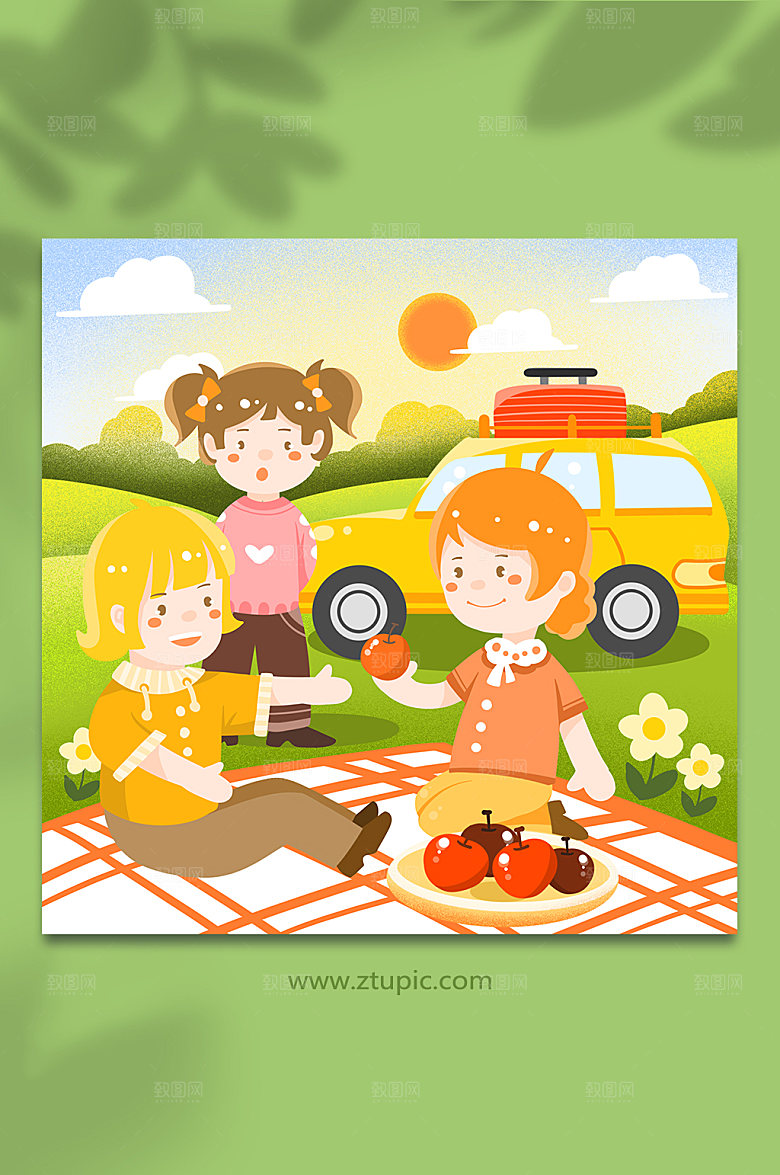 原创秋游开车旅游旅行人物插画